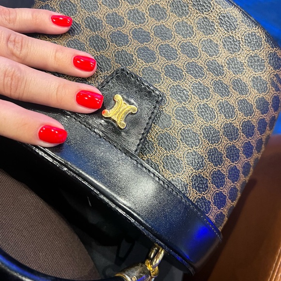 Celine Macadam Blazon 2way Pattern Vanity Bag Triomphe leather Gold BlackVintage - Picture 7 of 12